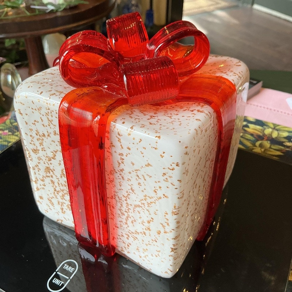 Unique Glass 6" Gift Box‎ w/ Red-Orange Glass Bow & Gold Flecks